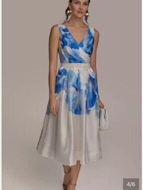 Donna Karan Blue White Watercolor Satin Midi Dress Belted Size 10 $259 NWT
